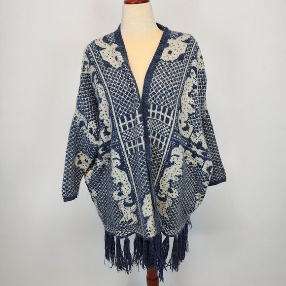 En Ceme Fringe Cardigan Poncho Sweater Size M Relaxed Fit Blue Long Sleeve Boho - Picture 1 of 16